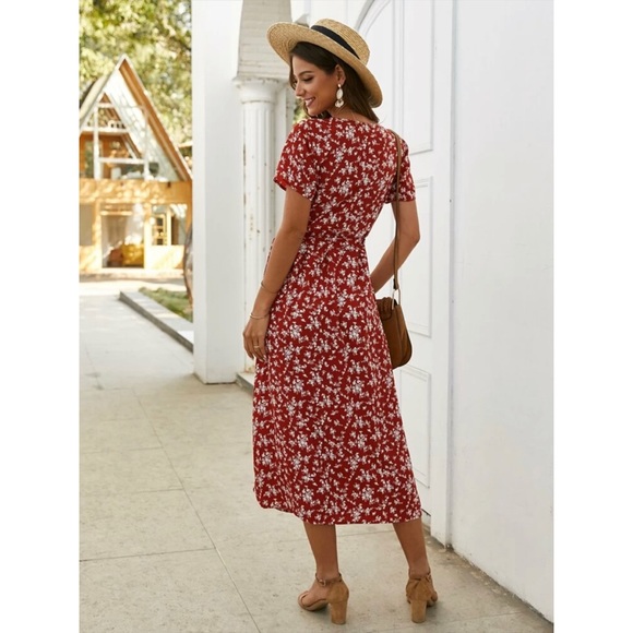Floral print wrap maxi dress short sleeve red - Picture 2 of 4